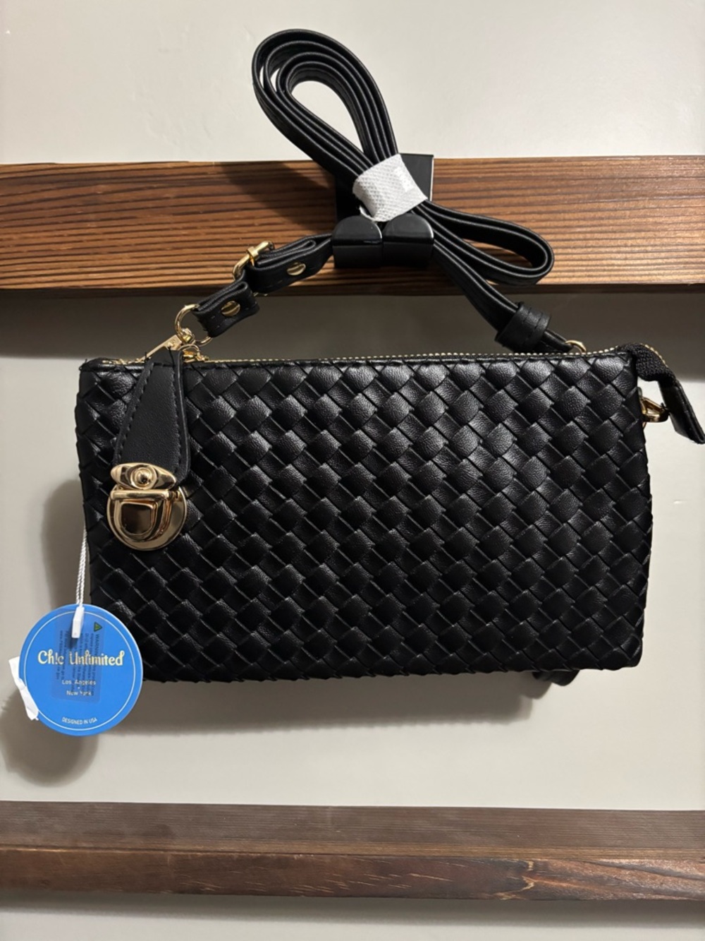 Black Woven Crossbody with Gold Hardware